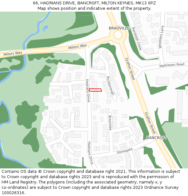 66, HADRIANS DRIVE, BANCROFT, MILTON KEYNES, MK13 0PZ: Location map and indicative extent of plot