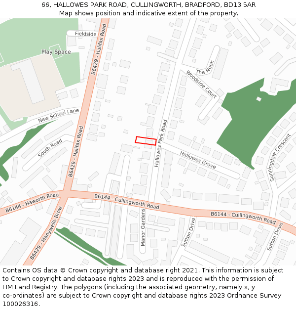 66, HALLOWES PARK ROAD, CULLINGWORTH, BRADFORD, BD13 5AR: Location map and indicative extent of plot