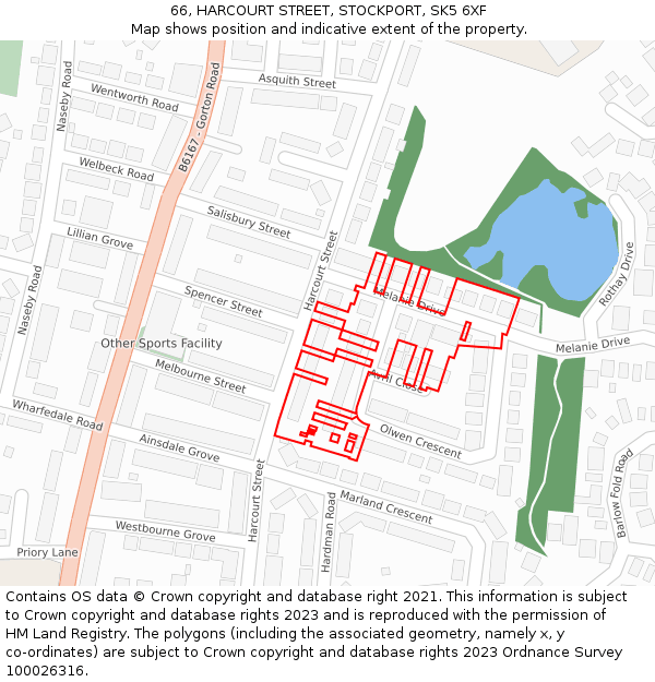 66, HARCOURT STREET, STOCKPORT, SK5 6XF: Location map and indicative extent of plot