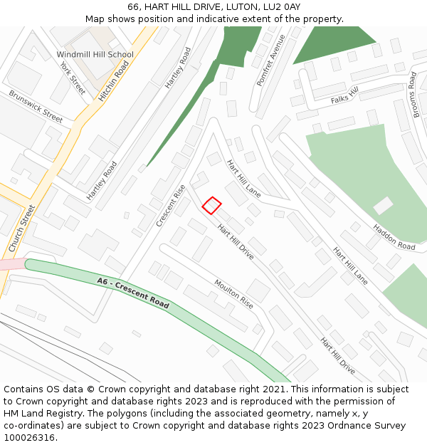 66, HART HILL DRIVE, LUTON, LU2 0AY: Location map and indicative extent of plot