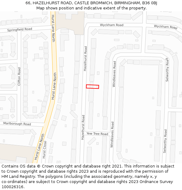 66, HAZELHURST ROAD, CASTLE BROMWICH, BIRMINGHAM, B36 0BJ: Location map and indicative extent of plot