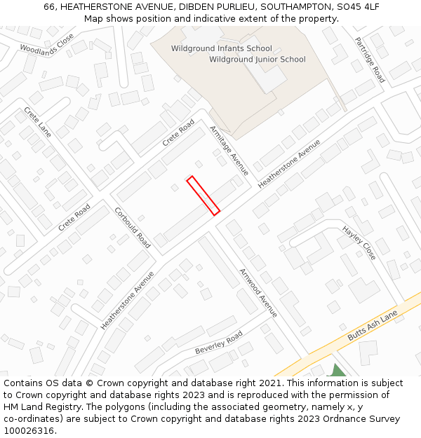 66, HEATHERSTONE AVENUE, DIBDEN PURLIEU, SOUTHAMPTON, SO45 4LF: Location map and indicative extent of plot