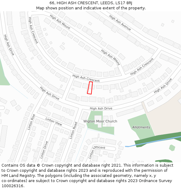 66, HIGH ASH CRESCENT, LEEDS, LS17 8RJ: Location map and indicative extent of plot