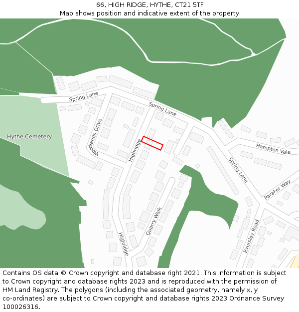 66, HIGH RIDGE, HYTHE, CT21 5TF: Location map and indicative extent of plot