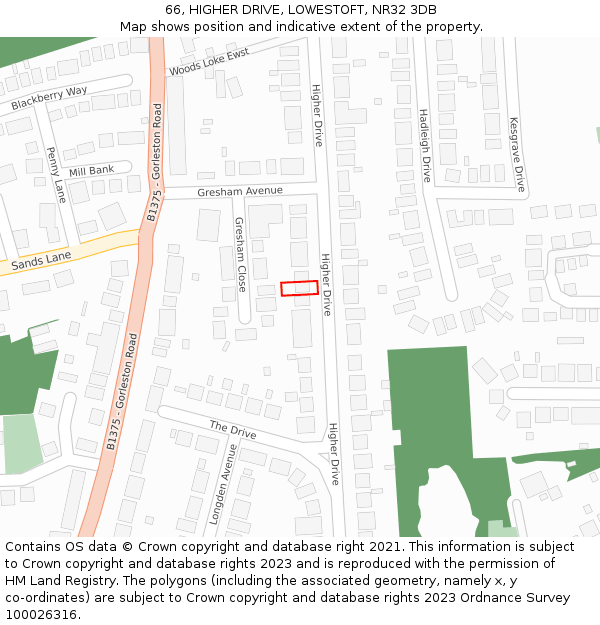 66, HIGHER DRIVE, LOWESTOFT, NR32 3DB: Location map and indicative extent of plot