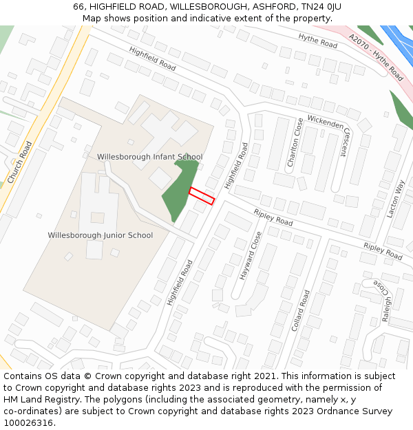 66, HIGHFIELD ROAD, WILLESBOROUGH, ASHFORD, TN24 0JU: Location map and indicative extent of plot