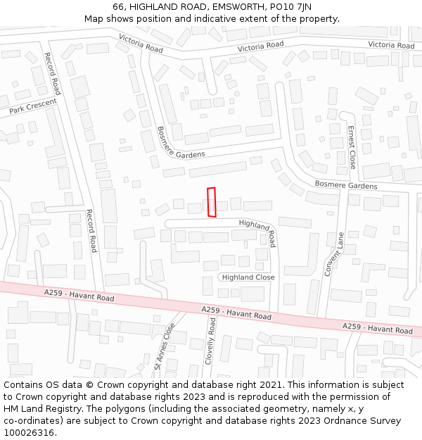 66, HIGHLAND ROAD, EMSWORTH, PO10 7JN: Location map and indicative extent of plot