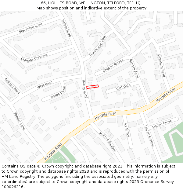 66, HOLLIES ROAD, WELLINGTON, TELFORD, TF1 1QL: Location map and indicative extent of plot