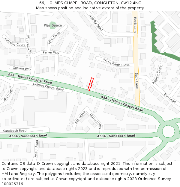 66, HOLMES CHAPEL ROAD, CONGLETON, CW12 4NG: Location map and indicative extent of plot