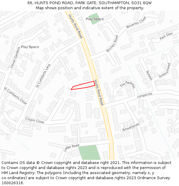 66, HUNTS POND ROAD, PARK GATE, SOUTHAMPTON, SO31 6QW: Location map and indicative extent of plot