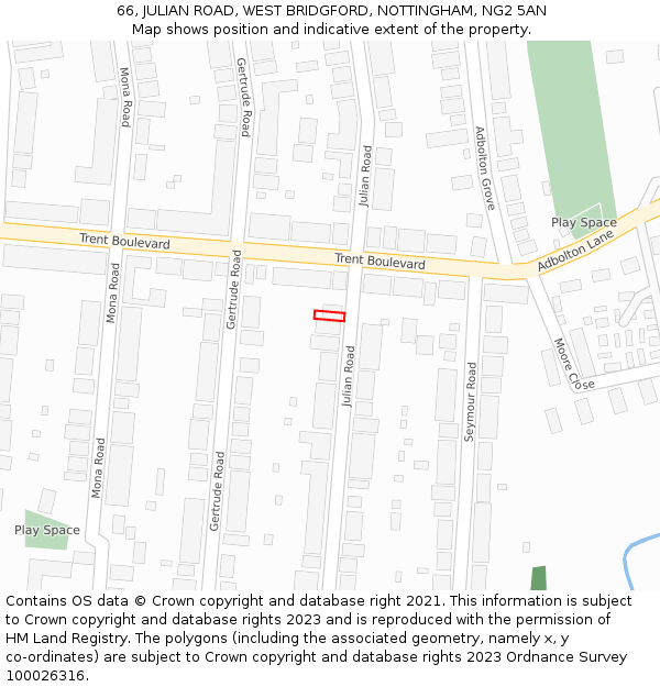 66, JULIAN ROAD, WEST BRIDGFORD, NOTTINGHAM, NG2 5AN: Location map and indicative extent of plot