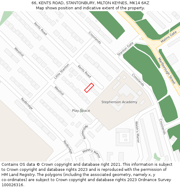 66, KENTS ROAD, STANTONBURY, MILTON KEYNES, MK14 6AZ: Location map and indicative extent of plot