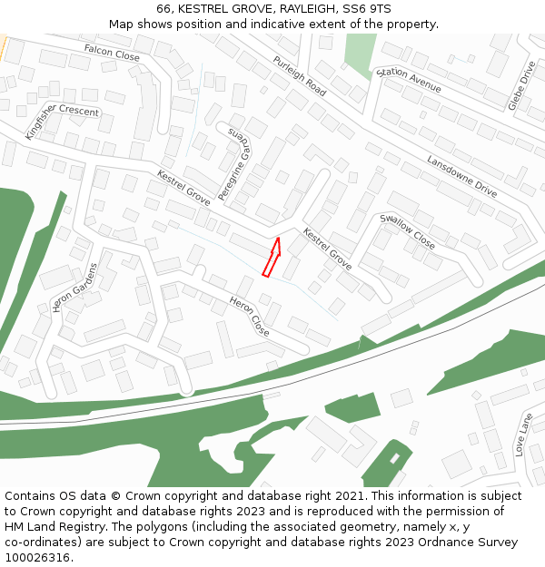 66, KESTREL GROVE, RAYLEIGH, SS6 9TS: Location map and indicative extent of plot