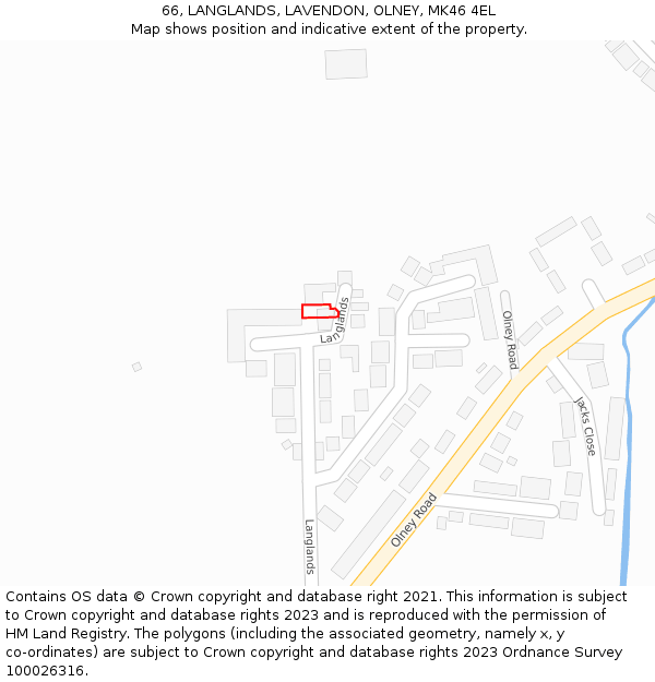 66, LANGLANDS, LAVENDON, OLNEY, MK46 4EL: Location map and indicative extent of plot