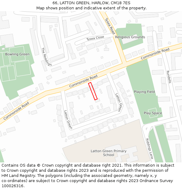 66, LATTON GREEN, HARLOW, CM18 7ES: Location map and indicative extent of plot