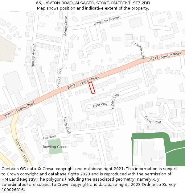 66, LAWTON ROAD, ALSAGER, STOKE-ON-TRENT, ST7 2DB: Location map and indicative extent of plot