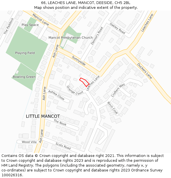 66, LEACHES LANE, MANCOT, DEESIDE, CH5 2BL: Location map and indicative extent of plot