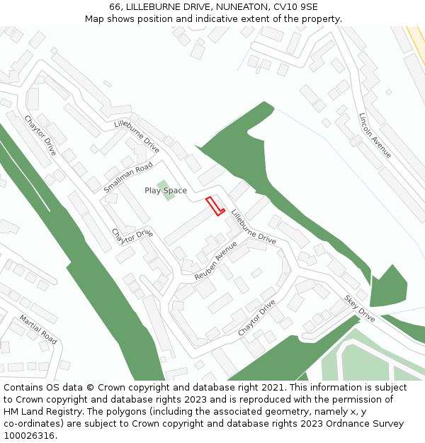 66, LILLEBURNE DRIVE, NUNEATON, CV10 9SE: Location map and indicative extent of plot
