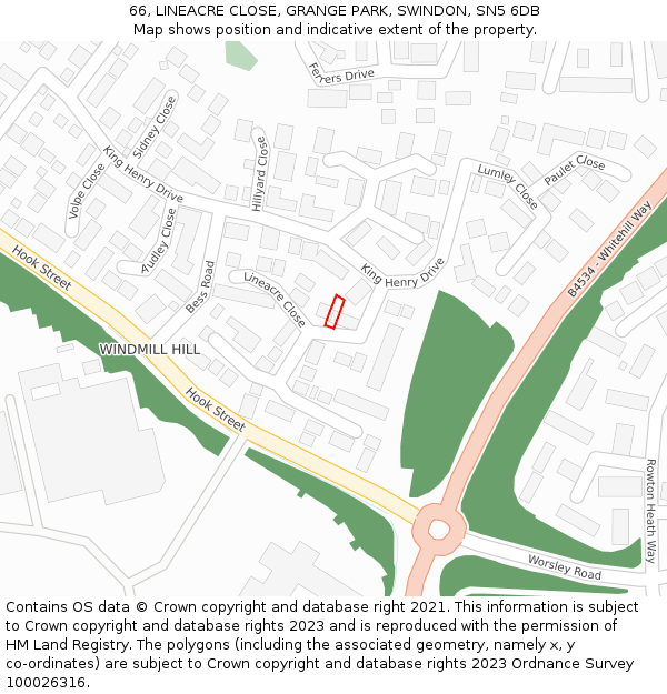 66, LINEACRE CLOSE, GRANGE PARK, SWINDON, SN5 6DB: Location map and indicative extent of plot