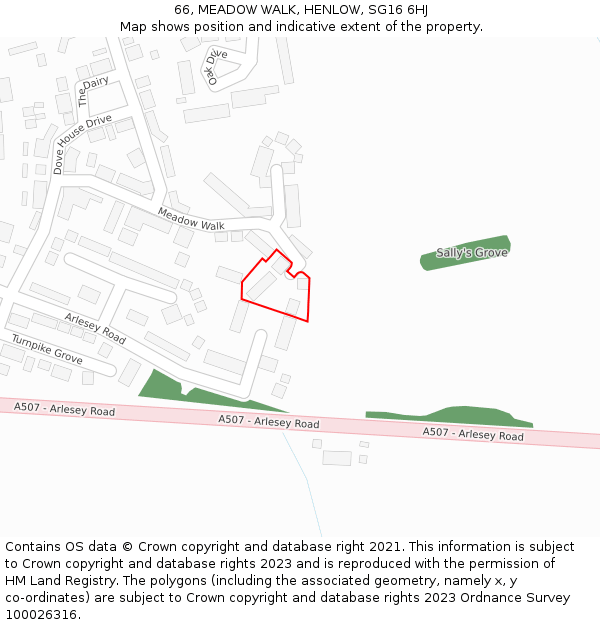 66, MEADOW WALK, HENLOW, SG16 6HJ: Location map and indicative extent of plot