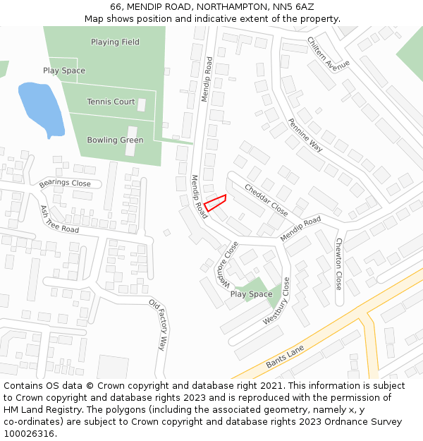 66, MENDIP ROAD, NORTHAMPTON, NN5 6AZ: Location map and indicative extent of plot