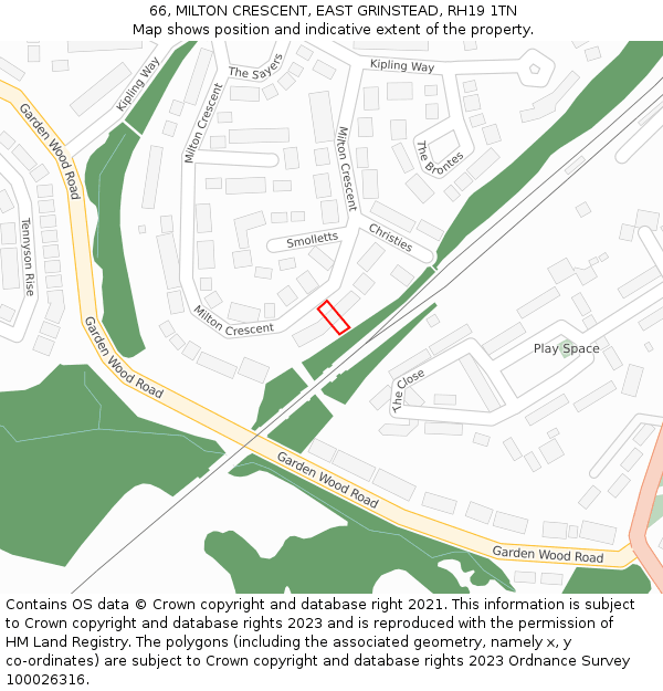 66, MILTON CRESCENT, EAST GRINSTEAD, RH19 1TN: Location map and indicative extent of plot