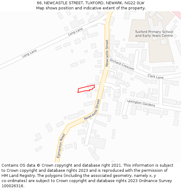 66, NEWCASTLE STREET, TUXFORD, NEWARK, NG22 0LW: Location map and indicative extent of plot