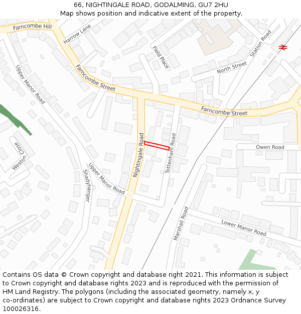 66, NIGHTINGALE ROAD, GODALMING, GU7 2HU: Location map and indicative extent of plot