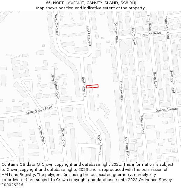 66, NORTH AVENUE, CANVEY ISLAND, SS8 9HJ: Location map and indicative extent of plot