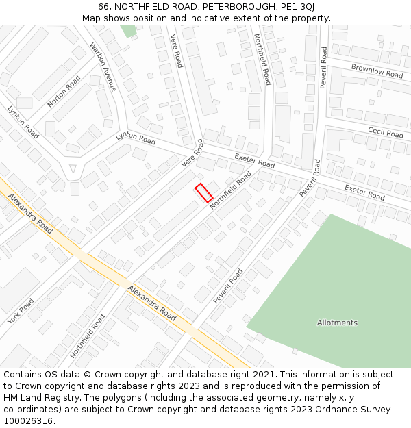 66, NORTHFIELD ROAD, PETERBOROUGH, PE1 3QJ: Location map and indicative extent of plot
