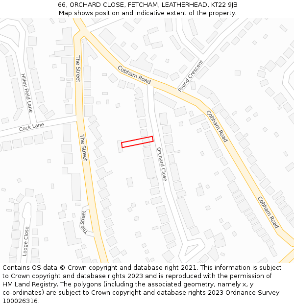 66, ORCHARD CLOSE, FETCHAM, LEATHERHEAD, KT22 9JB: Location map and indicative extent of plot