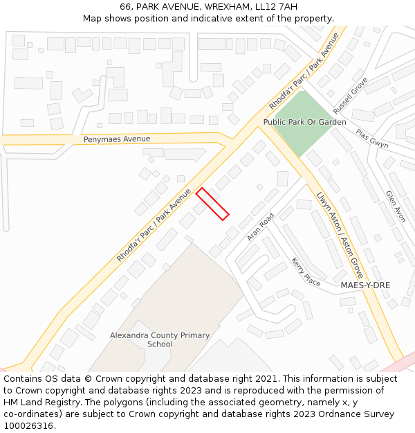 66, PARK AVENUE, WREXHAM, LL12 7AH: Location map and indicative extent of plot