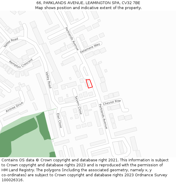 66, PARKLANDS AVENUE, LEAMINGTON SPA, CV32 7BE: Location map and indicative extent of plot