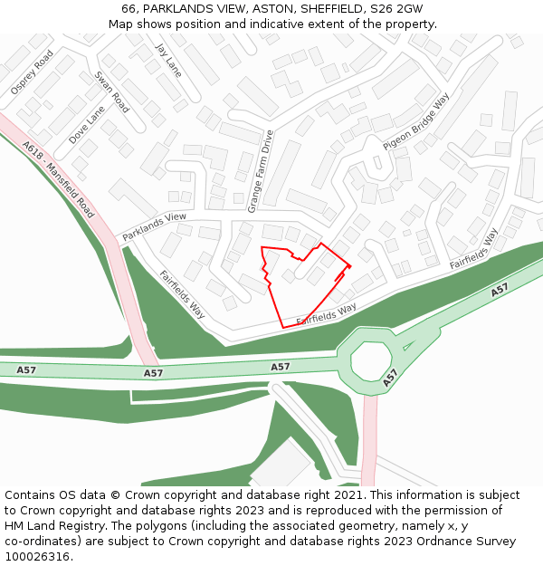 66, PARKLANDS VIEW, ASTON, SHEFFIELD, S26 2GW: Location map and indicative extent of plot