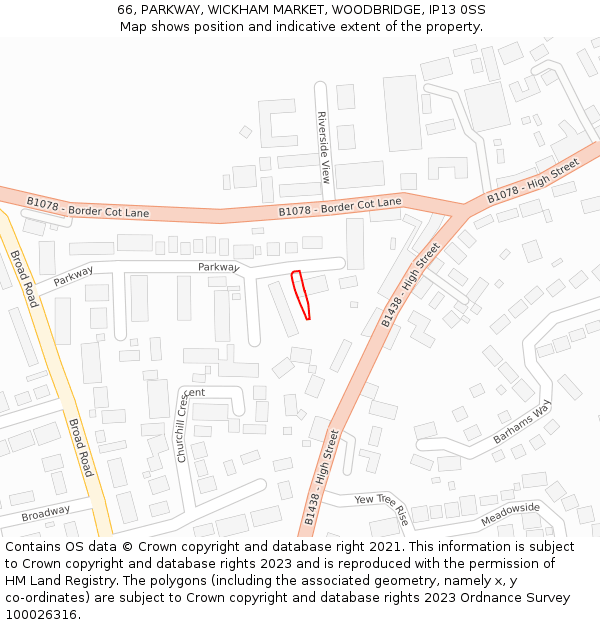 66, PARKWAY, WICKHAM MARKET, WOODBRIDGE, IP13 0SS: Location map and indicative extent of plot