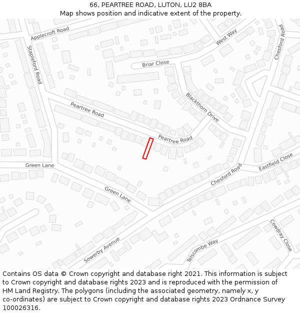 66, PEARTREE ROAD, LUTON, LU2 8BA: Location map and indicative extent of plot