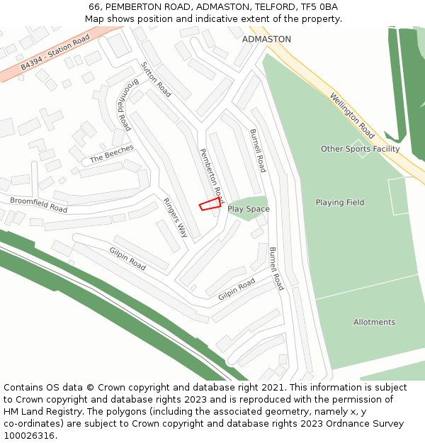 66, PEMBERTON ROAD, ADMASTON, TELFORD, TF5 0BA: Location map and indicative extent of plot