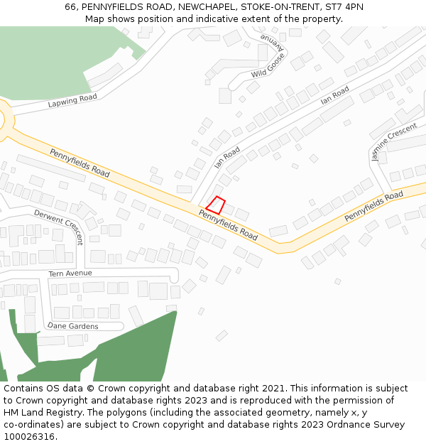 66, PENNYFIELDS ROAD, NEWCHAPEL, STOKE-ON-TRENT, ST7 4PN: Location map and indicative extent of plot