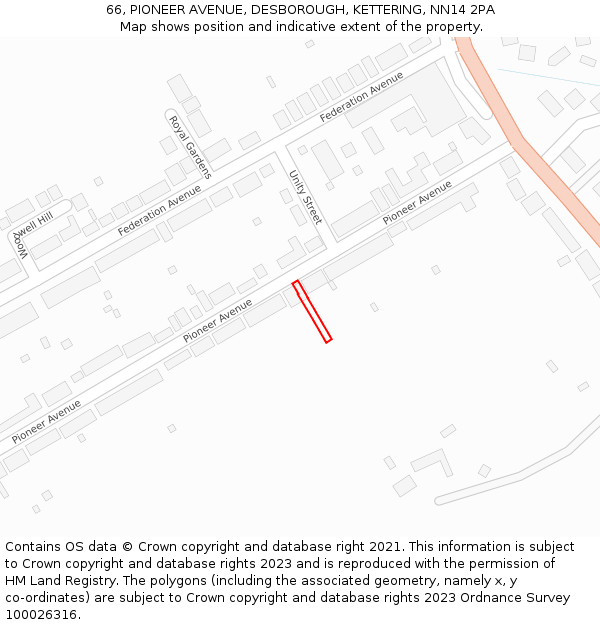 66, PIONEER AVENUE, DESBOROUGH, KETTERING, NN14 2PA: Location map and indicative extent of plot