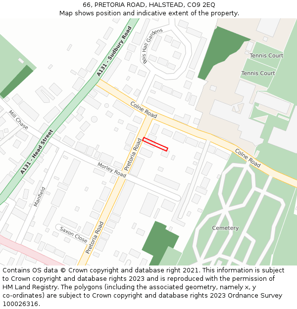 66, PRETORIA ROAD, HALSTEAD, CO9 2EQ: Location map and indicative extent of plot