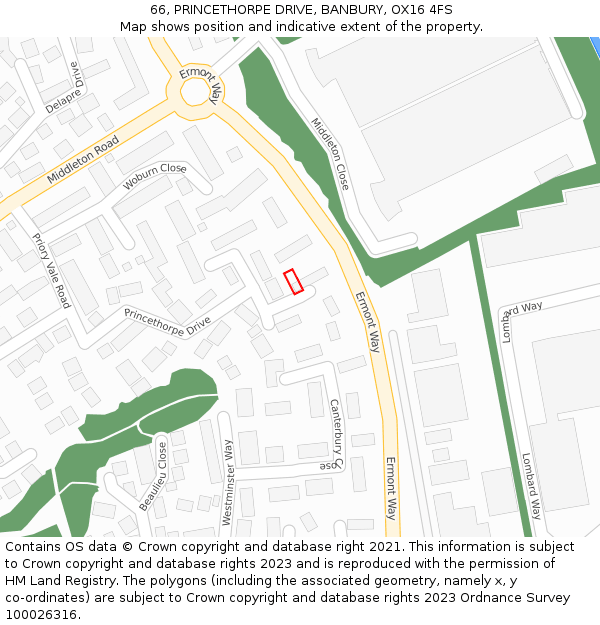 66, PRINCETHORPE DRIVE, BANBURY, OX16 4FS: Location map and indicative extent of plot