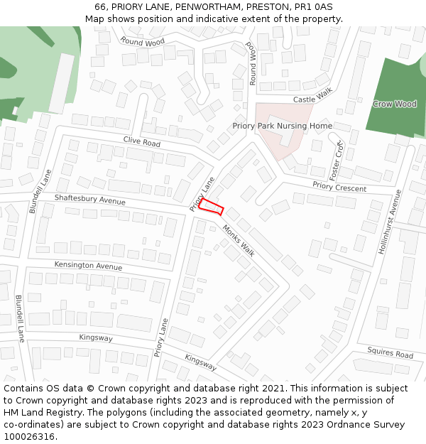 66, PRIORY LANE, PENWORTHAM, PRESTON, PR1 0AS: Location map and indicative extent of plot