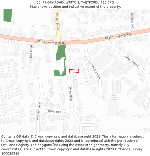 66, PRIORY ROAD, WATTON, THETFORD, IP25 6PQ: Location map and indicative extent of plot