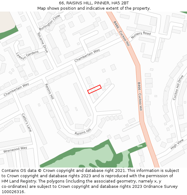 66, RAISINS HILL, PINNER, HA5 2BT: Location map and indicative extent of plot