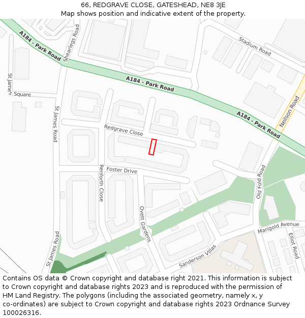 66, REDGRAVE CLOSE, GATESHEAD, NE8 3JE: Location map and indicative extent of plot