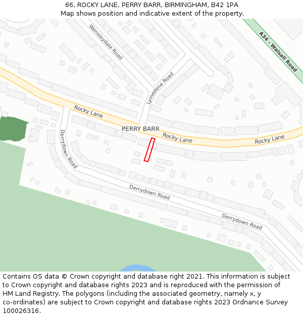 66, ROCKY LANE, PERRY BARR, BIRMINGHAM, B42 1PA: Location map and indicative extent of plot