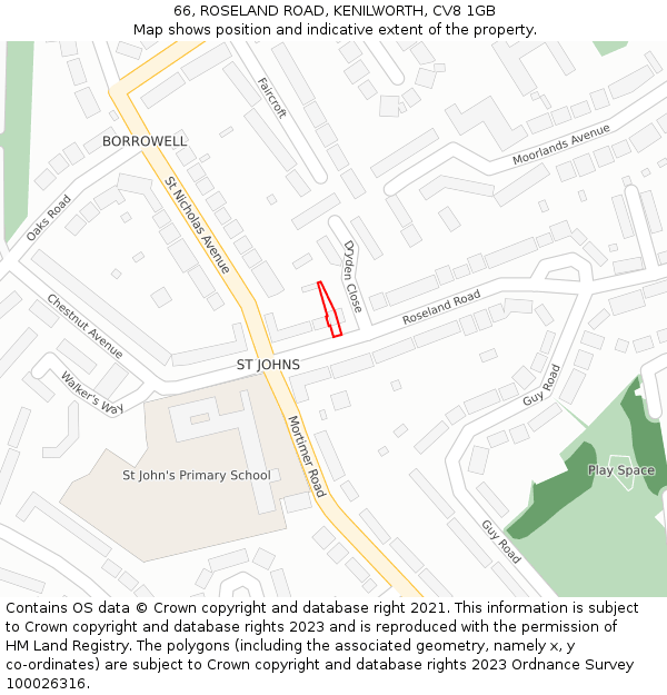 66, ROSELAND ROAD, KENILWORTH, CV8 1GB: Location map and indicative extent of plot