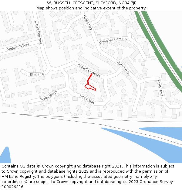 66, RUSSELL CRESCENT, SLEAFORD, NG34 7JF: Location map and indicative extent of plot