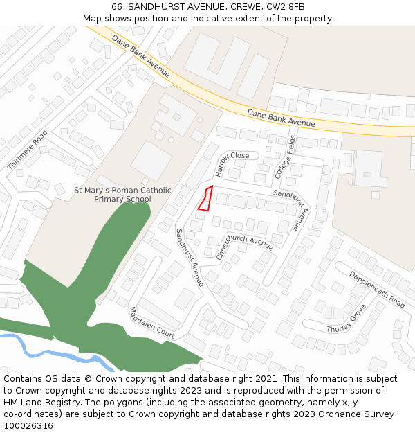 66, SANDHURST AVENUE, CREWE, CW2 8FB: Location map and indicative extent of plot