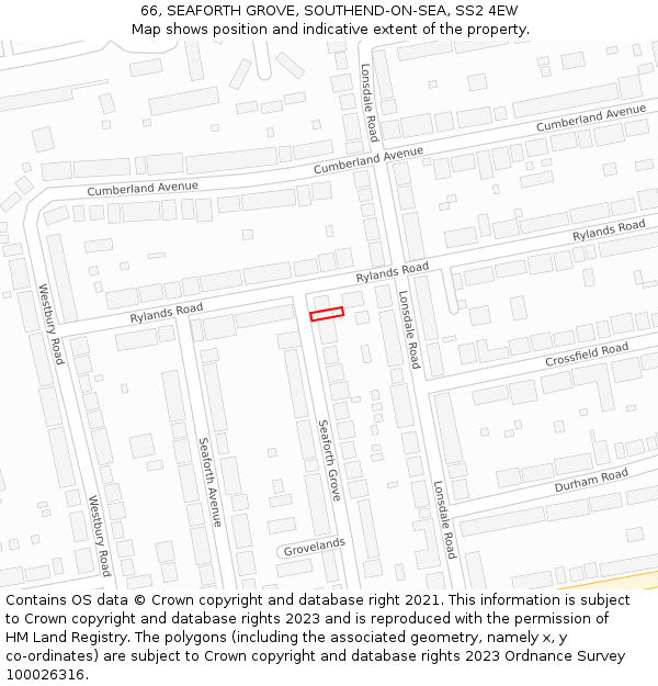 66, SEAFORTH GROVE, SOUTHEND-ON-SEA, SS2 4EW: Location map and indicative extent of plot